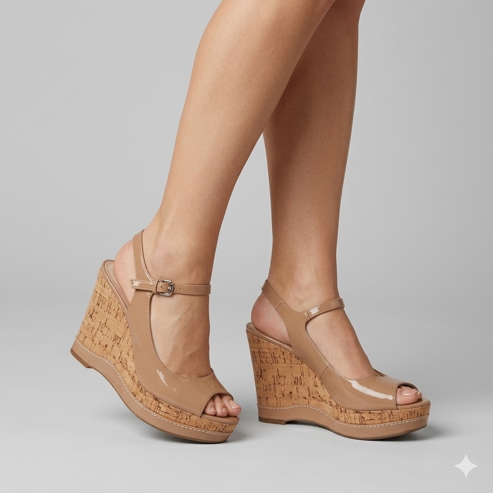 Franco Sarto Women’s Nude Cork Platform Wedge Slingback Sandals Size 8.5